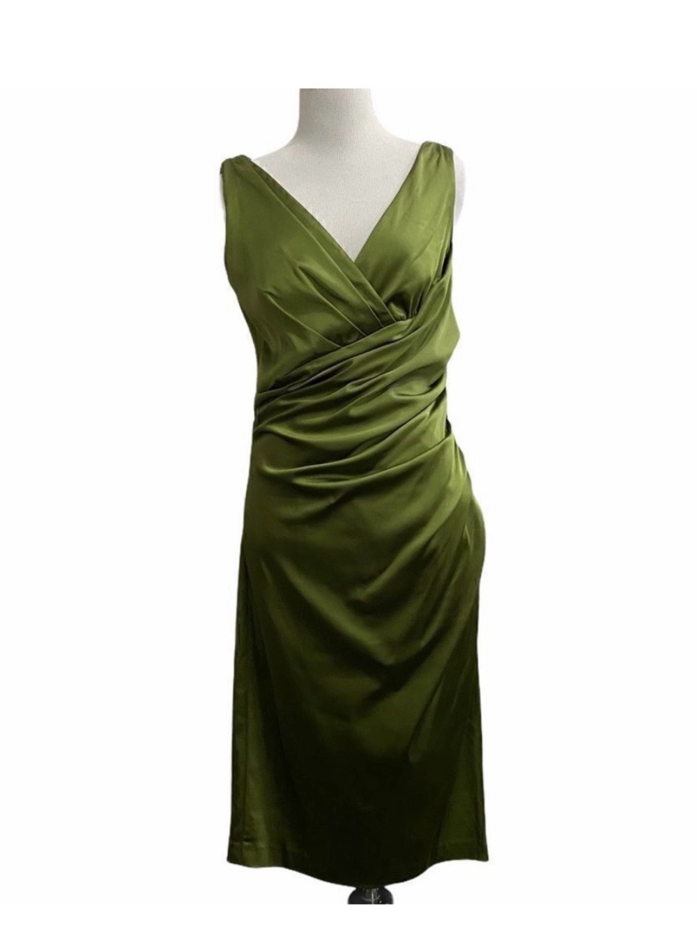 Suzi Chin for Maggy Boutique Olive Green Draped V-Neck Midi Dress